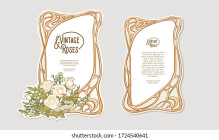 Set of two labeles, decorative frame, border with rose in art nouveau style, vintage, old, retro style. Tamplate, good for product label with place for text. Colored vector illustration