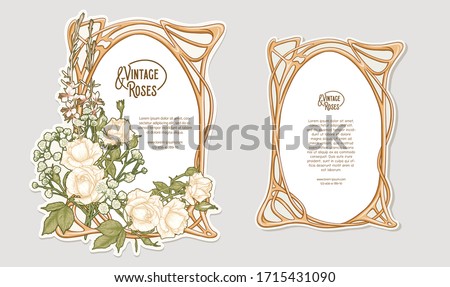 Set of two labeles, decorative frame, border with rose in art nouveau style, vintage, old, retro style. Tamplate, good for product label with place for text. Colored vector illustration