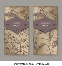 Set of two labels with Barley aka Hordeum vulgare, oats aka Avena sativa and field landscape sketch. Cereal plants collection. Great for bakery, agriculture, farming design.