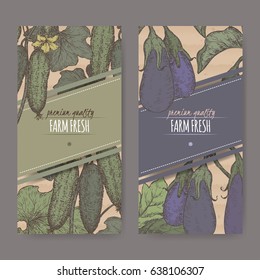 Set of two labels with color fresh cucumbers and eggplants. Placed on original cardboard texture. Includes hand drawn elements.