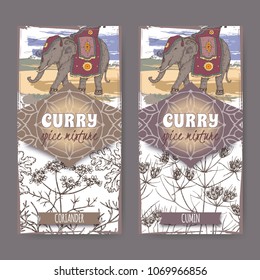 Set of two labels with coriander, cumin and Indian elephant hand drawn color sketch. Curry spice mixture collection. Great for cooking, gardening design.