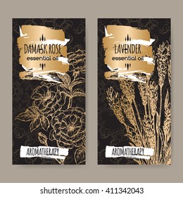 Set of two labels with Damask rose and lavender on elegant black lace background. Aromatherapy series. Great for traditional medicine, perfume design, cooking or gardening. 