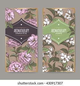 Set of two labels with Damask rose and jasmine color sketch on vintage background. Aromatherapy series. Great for traditional medicine, perfume design, cooking or gardening labels.