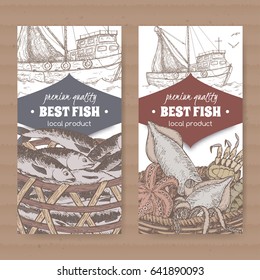 Set of two labels with fishing boat, color fish and seafood basket on white background. Great for markets, fishing, fish processing, canned fish, seafood product label design.