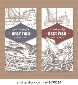 Set of two labels with fishing boat, fish and seafood basket on white background. Great for markets, fishing, fish processing, canned fish, seafood product label design.