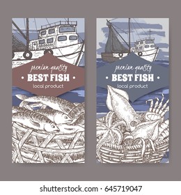 Set of two labels with fishing boat, fish and seafood basket. Great for markets, fishing, fish processing, canned fish, seafood product label design.