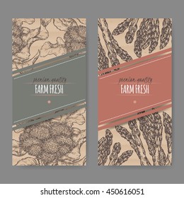 Set of two labels with fresh asparagus and broccoli. Placed on original cardboard texture. Includes hand drawn elements.