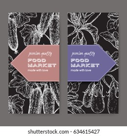 Set of two labels with fresh cucumbers and eggplants. Placed on blackboard background. Includes hand drawn elements.