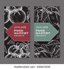 Set of two labels with fresh tomatoes and peppers on black. Includes hand drawn elements.