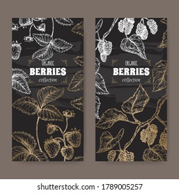 Set of two labels with garden strawberry aka Fragaria ananassa and Black mulberry aka Morus sketch on black. Berry fruits series. Great for traditional medicine, cooking, gardening.