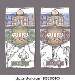 Set of two labels with garlic, black pepper and Taj Mahal hand drawn color sketch. Curry spice mixture collection. Great for cooking, gardening design.