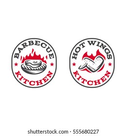 Set of two labels with the image of grilled meat and chicken wings on a background of fire. Logos for the restaurant, steak house, barbecue or grill party.
