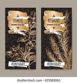 Set of two labels with jasmine and rosemary on elegant black lace background. Aromatherapy series. Great for traditional medicine, perfume design, cooking or gardening. 