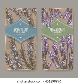 Set of two labels with lavender and rosemary color sketch on vintage background. Aromatherapy series. Great for traditional medicine, perfume design, cooking or gardening labels.