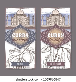 Set of two labels with Nutmeg, chili peppers and Taj Mahal hand drawn color sketch. Curry spice mixture collection. Great for cooking, gardening design.