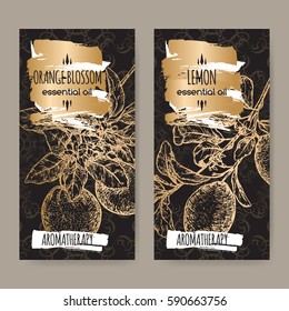 Conjunto de dos etiquetas con boceto de rama de limón y flor de naranja sobre elegante fondo de encaje negro. Serie de aromaterapia. Ideal para la medicina tradicional, diseño de perfumes, cocina o jardinería.