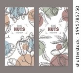 Set of two labels with prunus dulcis aka almond and Anacardium occidentale aka cashew branch and nuts sketch. Culinary nuts series. Great for traditional medicine design, cooking or gardening.