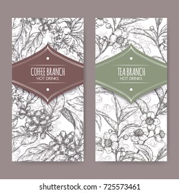 Set of two labels with tea and coffee branch sketch. Hot drinks collection. Great for cafe, bars, coffee ads.