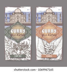 Set of two labels with turmeric, curry tree and Taj Mahal hand drawn color sketch. Curry spice mixture collection. Great for cooking, gardening design.