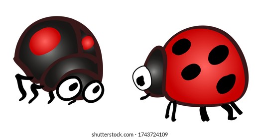 set of two ladybug vector, hand drawn, black red spots, curious eyes vector, eye contact concept, bowing bugs, sticker vector, vector art, children book cover, linkedin  logo, insect decor, cute bugs