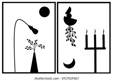 Set of two lamp, organic shapes, candles and bontanical flowers wall decor in black and white color. Minimalist wall decor for Minimalist home. Mid century modern and Scandinavian wall Decorations