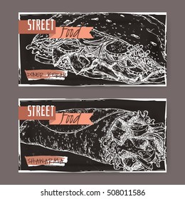 Set of two landscape banners with doner kebab and shawarma on grunge black background. Turkish and Arabic cuisine. Street food series. Great for market, restaurant, cafe, food label design.