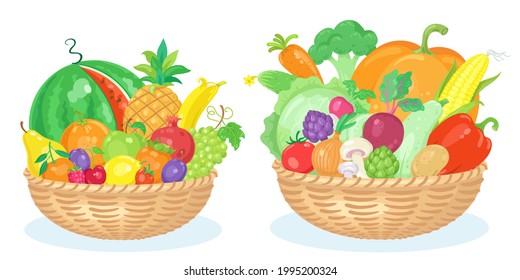 Set of two large baskets with fruits and vegetables. Healthy food. Isolated on white background. Vector flat illustration.