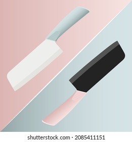 set of two Large sharp cleaver knife with black handle isolated on colourful background