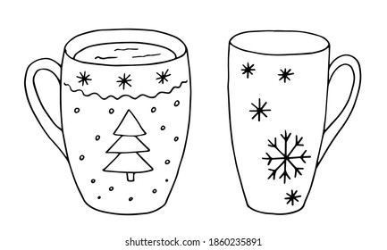 Un conjunto de dos grandes tazas de té.  Bebida caliente de invierno.  Las tazas están decoradas con un copo de nieve y un árbol de Navidad.  Dibujo del contorno del vector.
