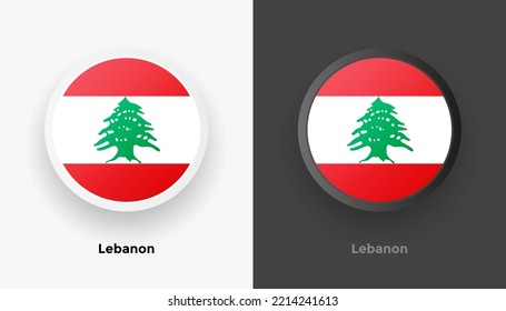 Set of two Lebanon flag buttons in black and white background. Abstract shiny metallic rounded buttons with national country flag