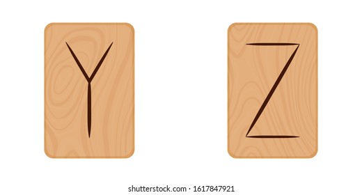 A set of two letters " y, z" of the Latin alphabet burned on a light wooden Board texture in the style of Scandinavian runes. Vector illustration isolated on white background.