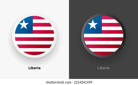 Conjunto de dos botones de bandera de Liberia con fondo en blanco y negro. Resumen de botones brillantes redondeados metálicos con bandera nacional