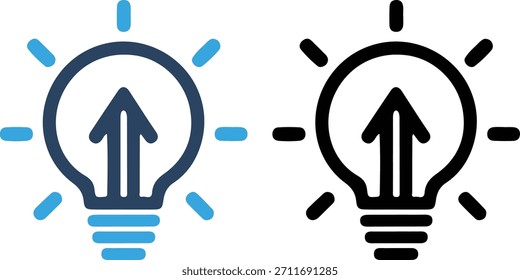 Conjunto de dos iconos de bombilla con una flecha apuntando hacia arriba en el interior, que simboliza el crecimiento, el progreso o una idea exitosa. Un icono es de color azul y azul claro, el otro es el contorno negro. Ambos son