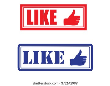 Set of two LIKE with thumbs up realistic rubber stamps icons with clean shapes and strokes. Red and Blue colors, different fonts, shapes and corners. Vector illustration EPS 10.