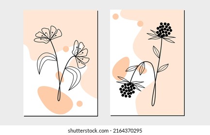 Arte de dos líneas en las paredes de flores. Decoración minimalista en las paredes de las flores de arte. Decoración de flores estéticas en las paredes. Puede usarse para boho, decoraciones escandinavas de casa, afiches, papel pintado y fondo.