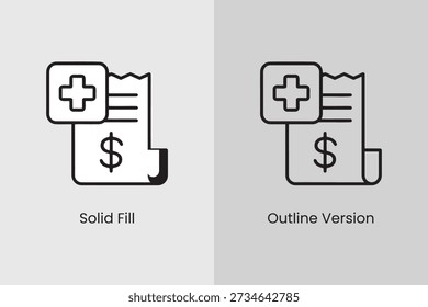 A set of two line art icons representing a medical bill or payment, showing both a solid fill version and an outline version, featuring a document with a dollar sign and a medical cross symbol.