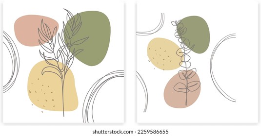 Set of two line art style eucalyptus posters with abstract pastel shapes