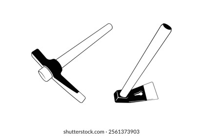 Set of two line art tools - minimalist Pickaxe and Hammer vector illustration design
