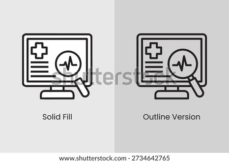 A set of two line icons depicting medical data analysis on a computer monitor, featuring a medical cross, a heart rate waveform inside a circle, and a magnifying glass over the waveform, shown in both