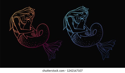 Set of two linear silhouettes of mermaid with baby seal in her hands. Caring of animals. Vector. Isolated on black.