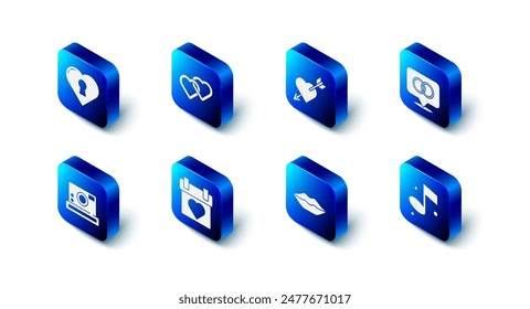 Set Two Linked Hearts, Amour with heart and arrow, Wedding rings, Music note, Smiling lips, Calendar, Photo camera and keyhole icon. Vector