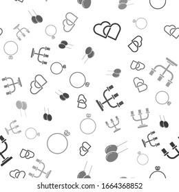 Ajuste dos Corazones enlazados, globos con cinta, candelabro y anillo de compromiso de diamantes en un patrón sin fisuras. Vector