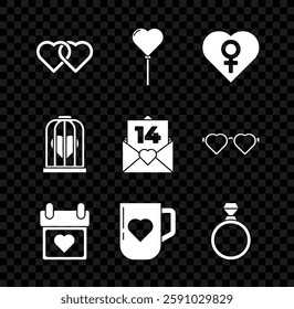 Set Two Linked Hearts, Balloons form of heart, with female gender, Calendar, Coffee cup and, Diamond engagement ring, the bird cage and Envelope Valentine icon. Vector