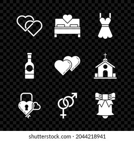 Set Two Linked Hearts, Bedroom, Woman dress, Castle the shape of heart and key, Gender, Ringing bell, Champagne bottle and  icon. Vector