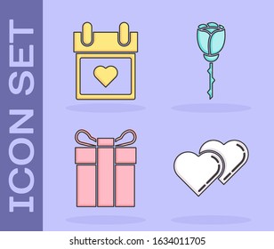 Set Two Linked Hearts, Calendar with heart, Gift box and Flower rose icon. Vector
