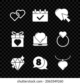 Set Two Linked Hearts, Calendar with 8 March, and cursor click, Diamond, speech bubble, Necklace heart shaped pendant, Gift box and Online dating app chat icon. Vector