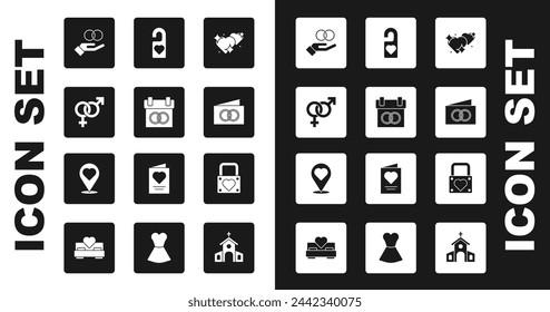 Set Two Linked Hearts, Calendar, Gender, Wedding rings, Greeting card, Please do not disturb, Lock and heart and Location with icon. Vector