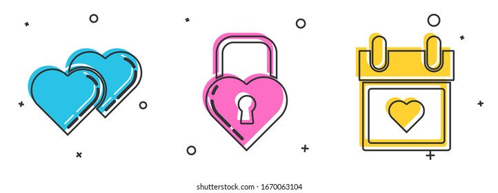 Set Two Linked Hearts, Castle in the shape of a heart and Calendar with heart icon. Vector