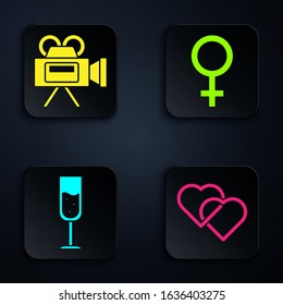 Set Two Linked Hearts, Cinema camera, Glass of champagne and Female gender symbol. Black square button. Vector