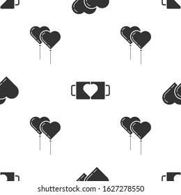 Set Two Linked Hearts, Two coffee cup and heart and Balloons in form of heart with ribbon on seamless pattern. Vector